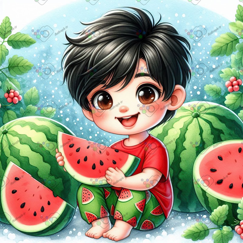 بک گراند کودکانه یلدا با طرح پسربچه خوشحال در باغ هندونه-کد 44767(ویژه عکس گراف)