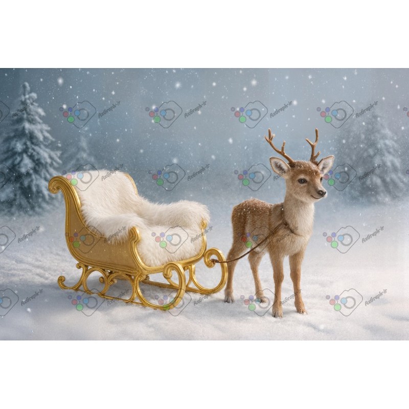 بک دراپ کودک و نوزاد سورتمه طلایی تم زمستان-کد 55382(ویژه عکس گراف)