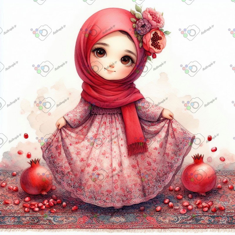 بک گراند کودکانه یلدا با طرح دختر ناز با حجاب و انار-کد 44646(ویژه عکس گراف)