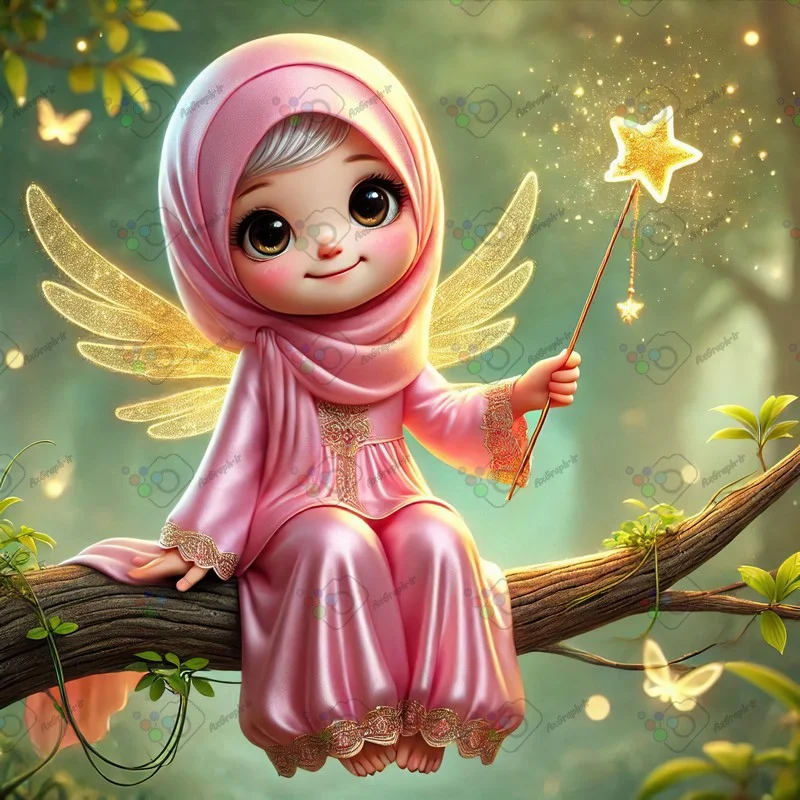 بک گراند کودکانه پری کوچولوی ناز با حجاب نشسته روی شاخه درخت با چوب سحر آمیز-کد 43564(ویژه عکس گراف)