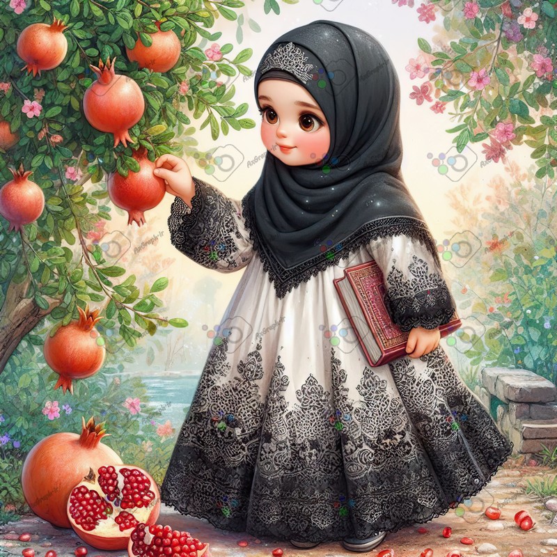 بک گراند کودکانه یلدا با طرح دختر بچه با حجاب در حال چیدن انار-کد 44691(ویژه عکس گراف)