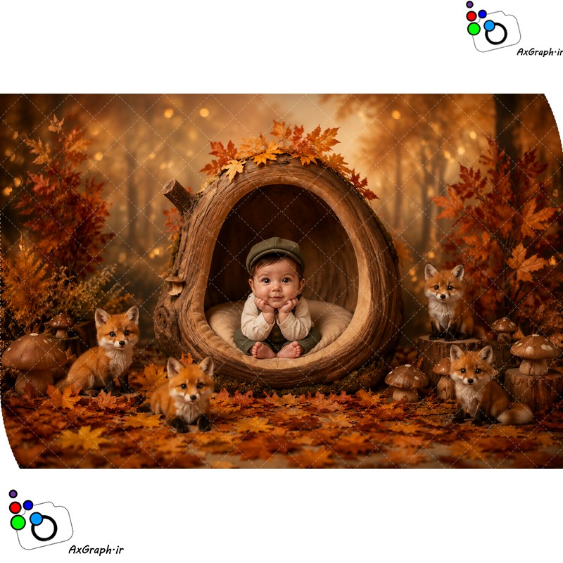 بک دراپ نوزاد جنگل پاییزی و بچه روباه ها-کد 55563(ویژه عکس گراف)