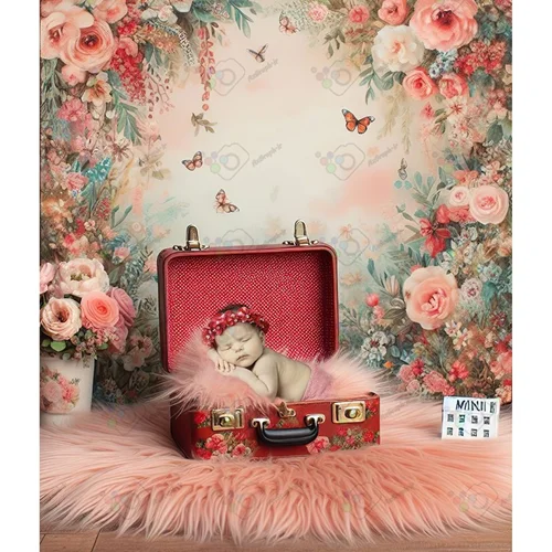 بک دراپ نوزاد چمدان با پس زمینه گلدار-کد 55007(ویژه عکس گراف)