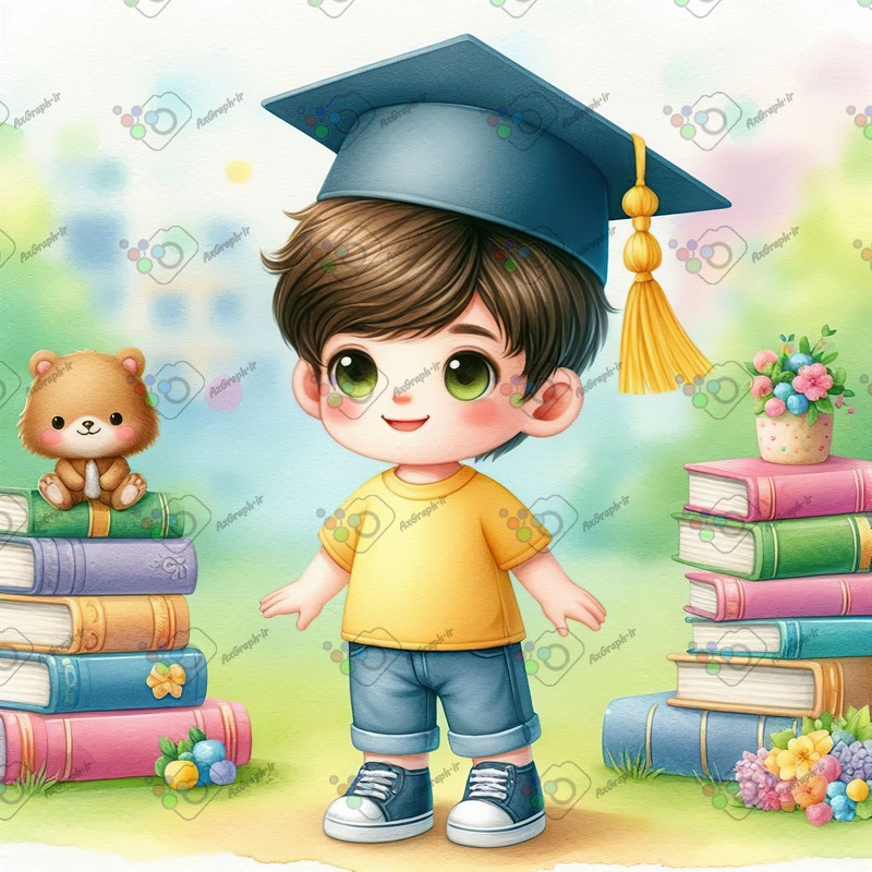 بک گراند کودکانه پسر کوچولوی فارغ التحصیل ایستاده میان کتاب ها-کد 44446(ویژه عکس گراف)