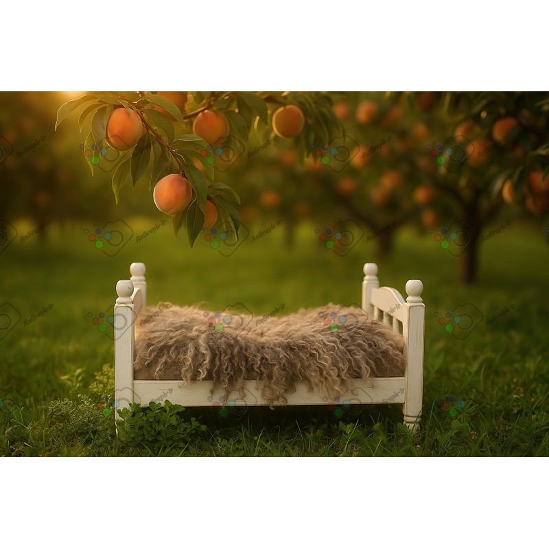 بک دراپ کودک و نوزاد تخت خواب چوبی در باغ هلو-کد 55403(ویژه عکس گراف)