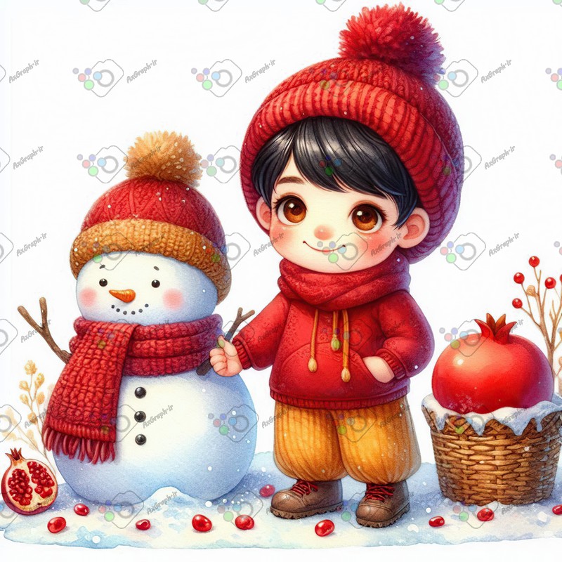 بک گراند کودکانه یلدا با طرح پسربچه و انار و آدم برفی-کد 44781(ویژه عکس گراف)