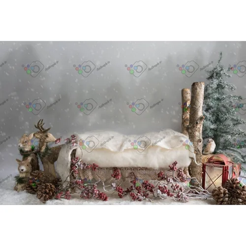 بک دراپ نوزاد تخت خواب چوب درختی و گوزن و آهوی چوبی در زمستان-کد 5493
