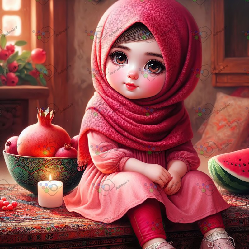 بک گراند کودکانه یلدا با طرح دختر بچه با حجاب و انار و هندونه و شمع-کد 44669(ویژه عکس گراف)