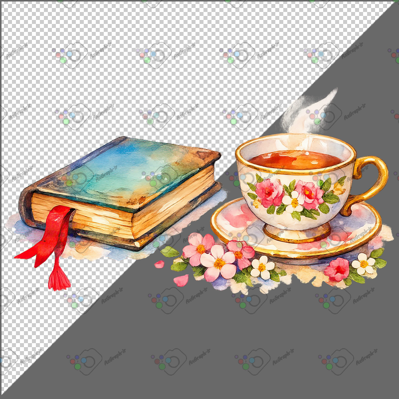 طرح برچسب فانتزی شکوفه گیلاس و فنجاین چای و کتاب قدیمی-کد 70149(ویژه عکس گراف)