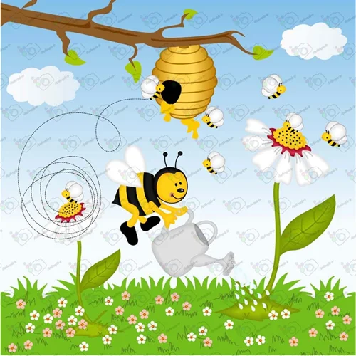 دانلود وکتور کارتونی زنبور در باغ گل-کد 10006
