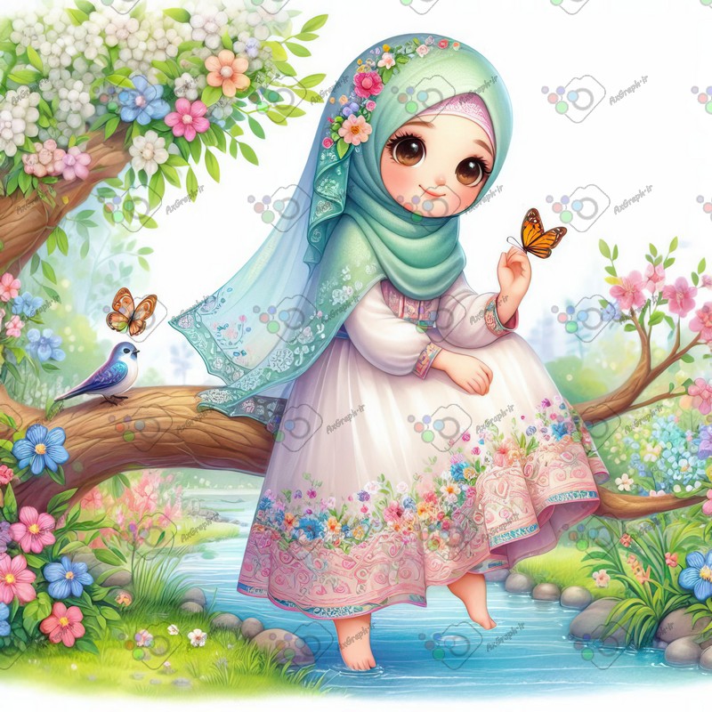 بک گراند کودکانه دختربچه ناز با حجاب نشسته روی شاخه درخت کنار گنجشک-کد 44812(ویژه عکس گراف)