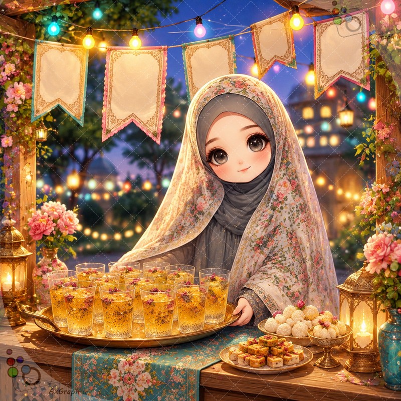 طرح دختربچه عروسکی با چادر گلدار در حال پذیرایی و پخش شربت نذری در جشن مذهبی و ایستگاه صلواتی - کد 44935 (ویژه عکس گراف)