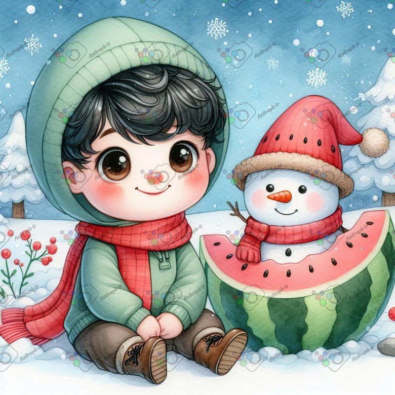 بک گراند کودکانه یلدا با طرح پسربچه و آدم برفی و هندونه زیر برف-کد 44770(ویژه عکس گراف)