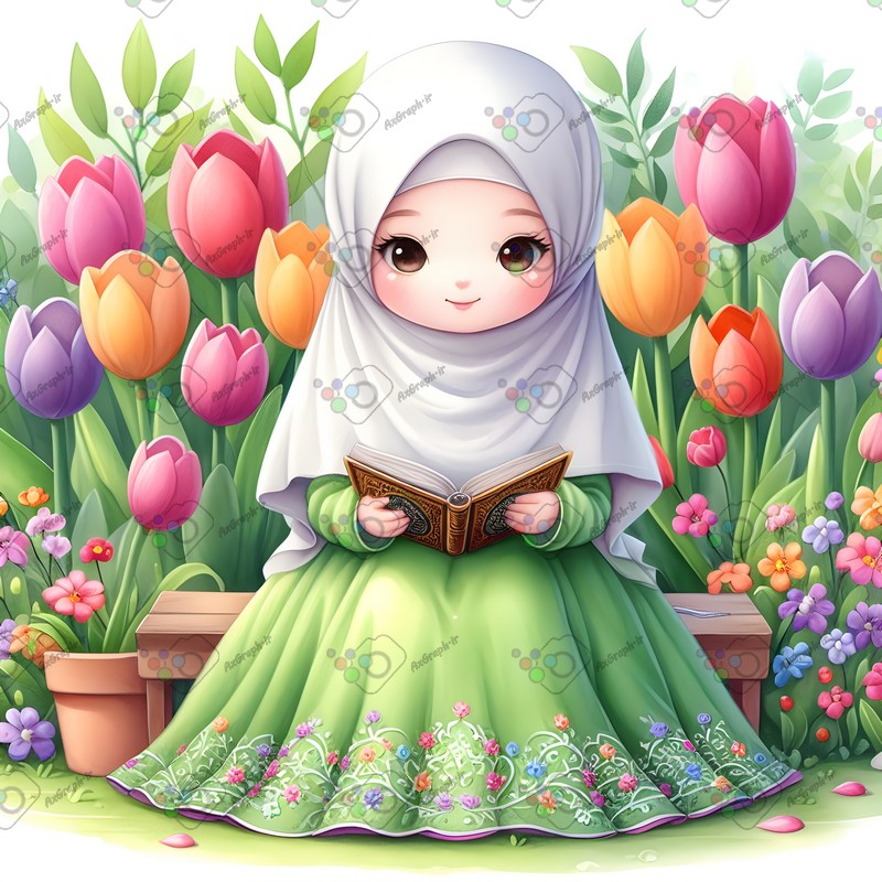 بک گراند کودکانه دختر بچه ناز با حجاب در حال قرآن خواندن در باغ لاله ها-کد 44568(ویژه عکس گراف)