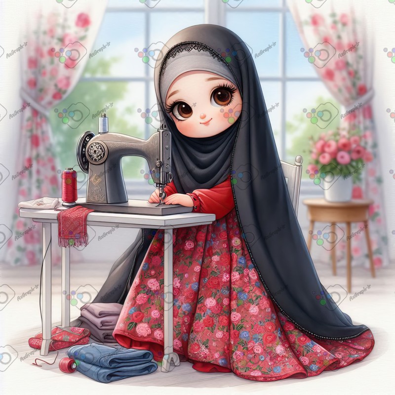 بک گراند کودکانه دختر بچه ناز با حجاب در حال خیاطی-کد 44494(ویژه عکس گراف)