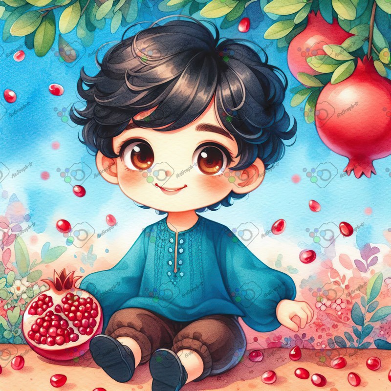 بک گراند کودکانه یلدا با طرح پسربچه ناز زیر درخت انار-کد 44768(ویژه عکس گراف)