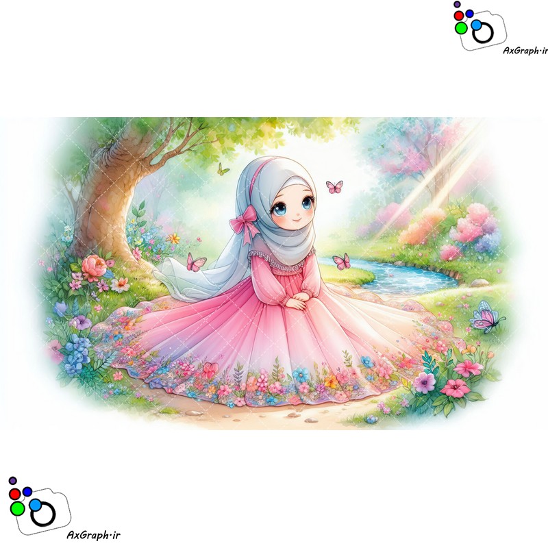 بک گراند کودکانه دختر ناز با حجاب نشسته در باغ-کد 44843(ویژه عکس گراف)