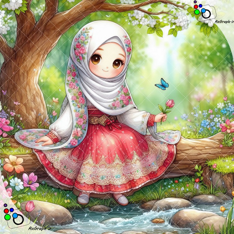 بک گراند کودکانه دختر ناز با حجاب با شاخه گلی در دست نشسته روی شاخه درخت در باغ بهاری-کد 44838(ویژه عکس گراف)