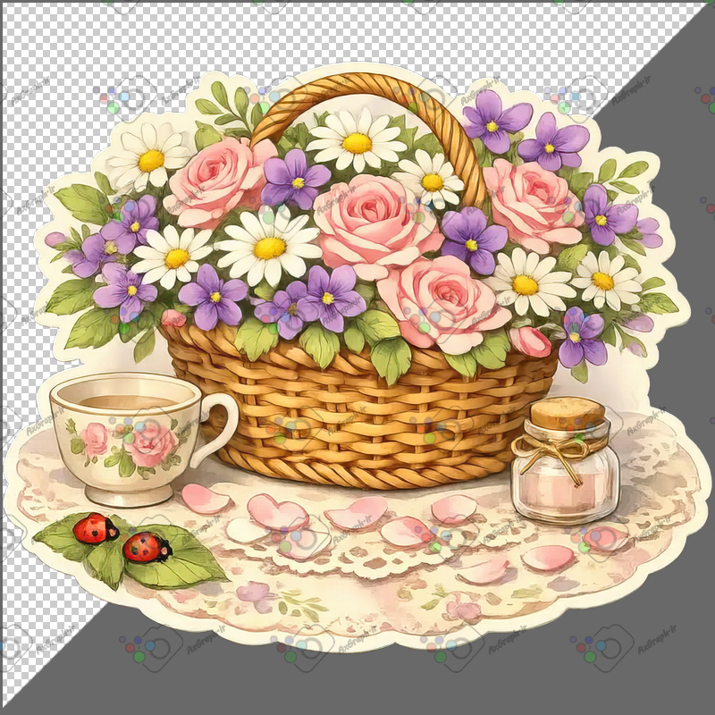 طرح برچسب سبد گل و فنجان چای و کفشدوزک-کد 70066(ویژه عکس گراف)