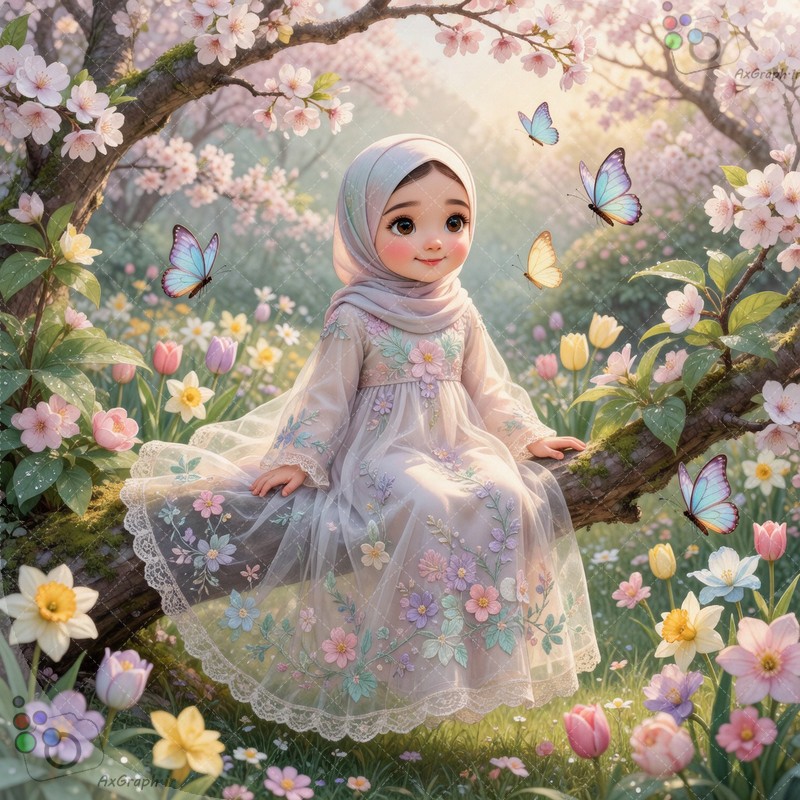 طرح دختربچه باحجاب یاسی نشسته بر شاخه شکوفه‌های بهاری - کد ۴۴۹۶۴ (ویژه عکس گراف)