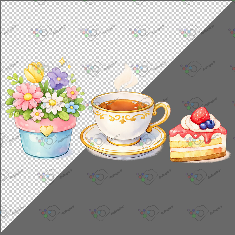 طرح برچسب فنجان چای و برش کیک و گلدان گل-کد 70084(ویژه عکس گراف)