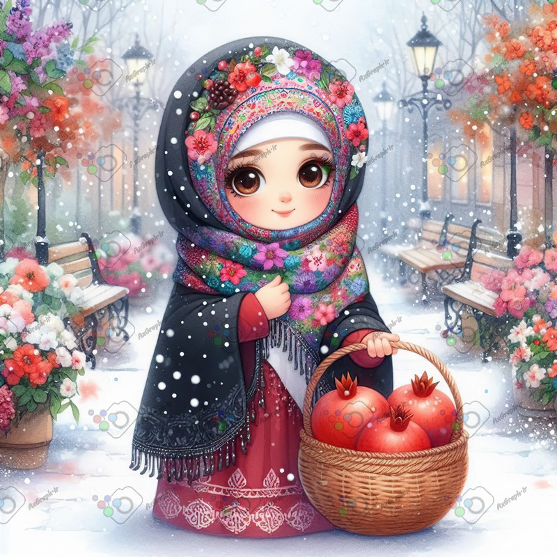 بک گراند کودکانه یلدا با طرح دختر بچه با حجاب با سبد انار در پارک در روز برفی-کد 44745(ویژه عکس گراف)