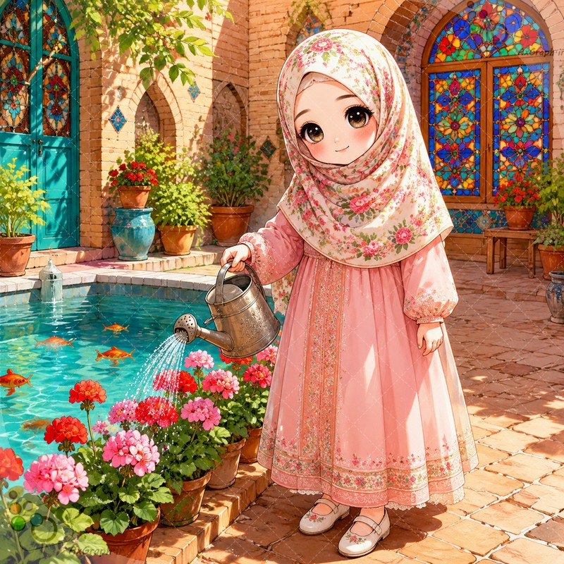 طرح دختربچه با حجاب در حال آب دادن به گل‌های شمعدونی کنار حوض ماهی حیاط سنتی - کد ۴۵۰۲۵ (ویژه عکس گراف)