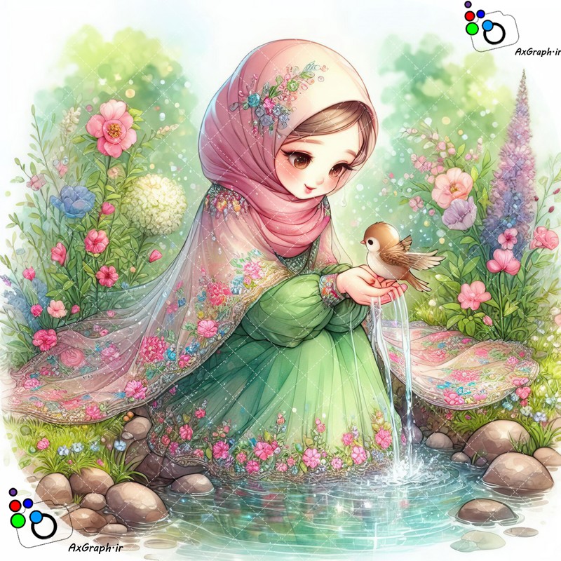 بک گراند کودکانه دختر ناز با حجاب و گنجشک کوچک در باغ بهاری کنار چشمه-کد 44832(ویژه عکس گراف)