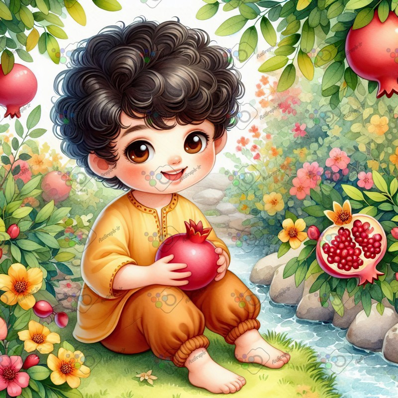 بک گراند کودکانه یلدا با طرح پسربچه با اناری در دست کنار جوی آب در باغ انار-کد 44785(ویژه عکس گراف)