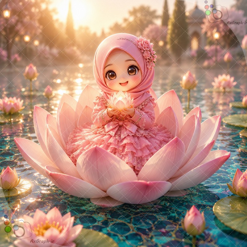 طرح دختربچه باحجاب صورتی نشسته در میان گل نیلوفر آبی (لوتوس) - کد ۴۴۹۶۳ (ویژه عکس گراف)