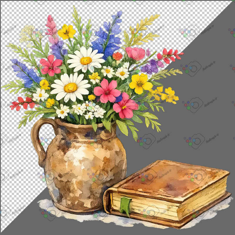 طرح برچسب فانتزی گلدان گل و کتاب قدیمی-کد 70140(ویژه عکس گراف)