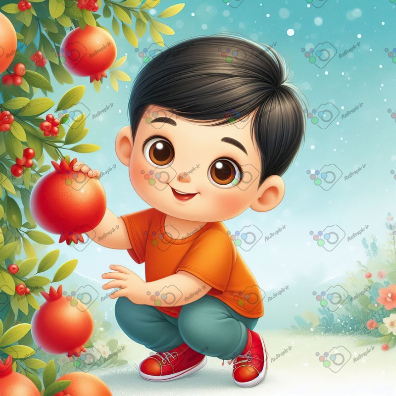 بک گراند کودکانه یلدا با طرح پسربچه در حال چیدن انار در روز برفی-کد 44756(ویژه عکس گراف)