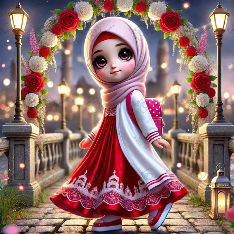 بک گراند کودکانه دختر ناز با حجاب ایستاده روی پل سنگی زیر طاق گل رز-کد 43533(ویژه عکس گراف)