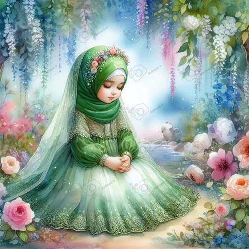 بک گراند کودکانه دختر ناز با حجاب با لباس سبز در باغ-کد 41025(ویژه عکس گراف)