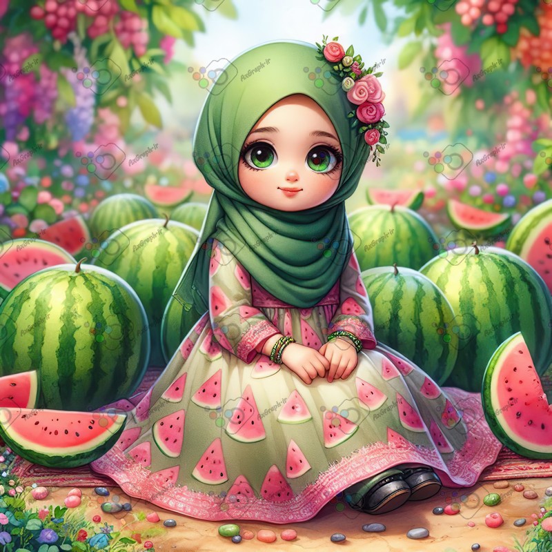 بک گراند کودکانه یلدا با طرح دختر بچه با حجاب میان هندونه ها-کد 44684(ویژه عکس گراف)