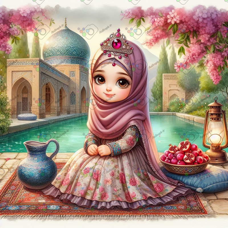 بک گراند کودکانه یلدا با طرح دختر بچه با حجاب و ظرف انار و تنگ سفالی-کد 44700(ویژه عکس گراف)