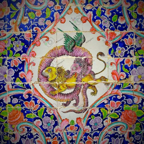 تصویر با کیفیت نمایی از کاشیکاری زیبای کاخ گلستان صحنه نبرد شیر و اژدها-کد 30146