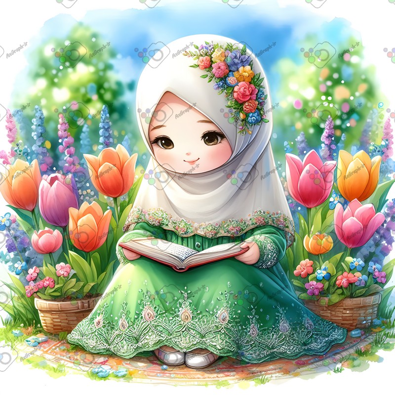 بک گراند کودکانه دختر بچه ناز با حجاب در حال قرآن خواندن در باغ گل لاله-کد 44598(ویژه عکس گراف)