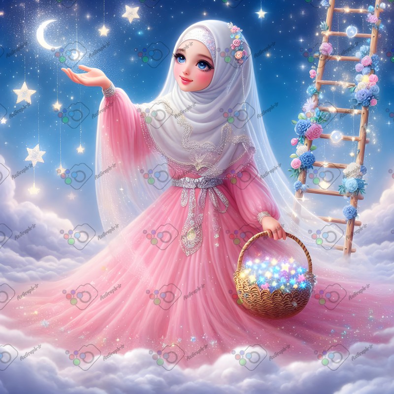 بک گراند کودکانه دختر ناز با حجاب با یک سبد پر از ستاره-کد 44604(ویژه عکس گراف)