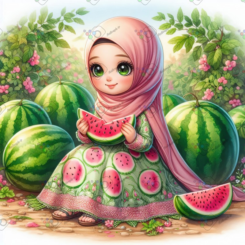 بک گراند کودکانه یلدا با طرح دختر بچه با حجاب در حال هندونه خوردن-کد 44685(ویژه عکس گراف)