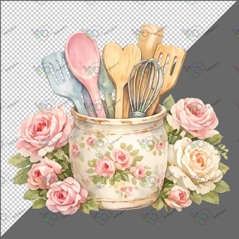طرح برچسب فانتزی همزن و قاشق چوبی و گل رز-کد 70207(ویژه عکس گراف)