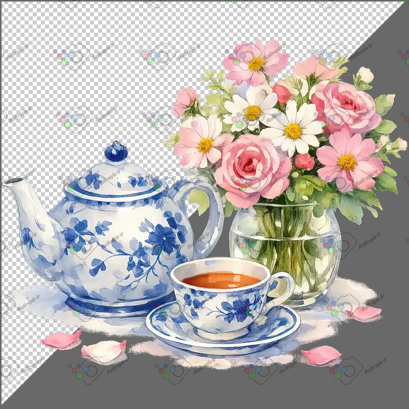 طرح برچسب فنجان چای و قوری و گلدان شیشه ای-کد 70083(ویژه عکس گراف)
