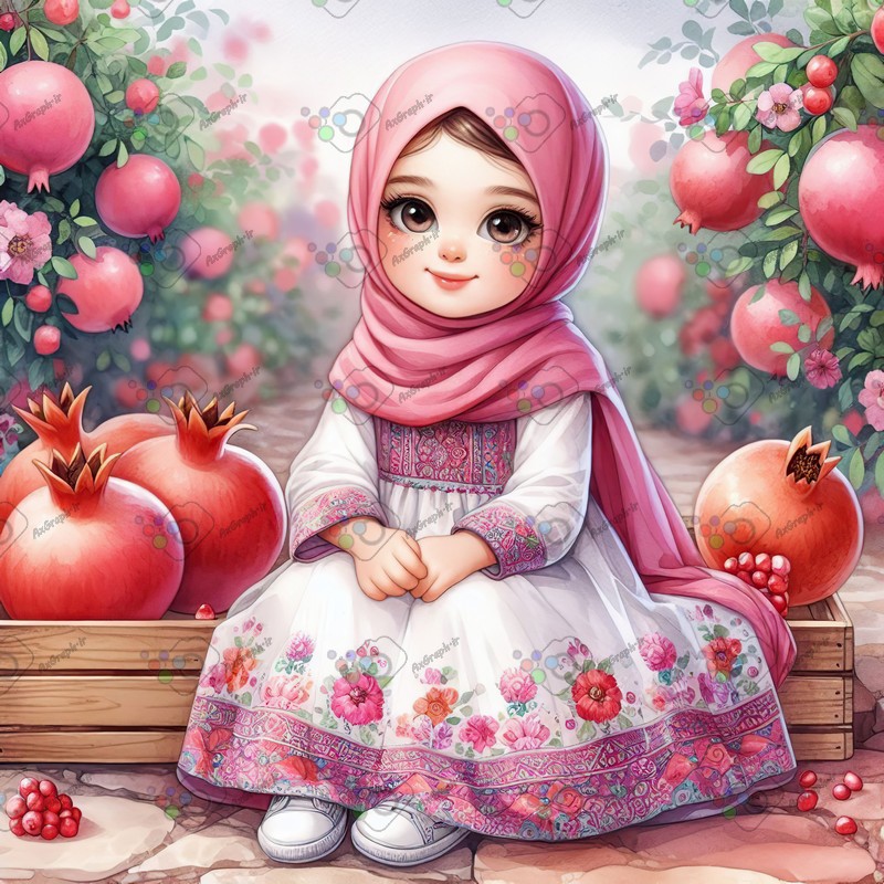 بک گراند کودکانه یلدا با طرح دختر بچه با حجاب نشسته روی جعبه چوبی در باغ انار-کد 44702(ویژه عکس گراف)