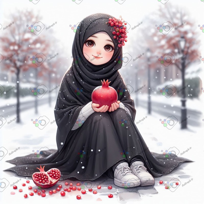 بک گراند کودکانه یلدا با طرح دختر ناز با حجاب و انار و جاده برفی-کد 44737(ویژه عکس گراف)