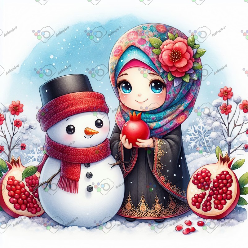 بک گراند کودکانه یلدا با طرح دختر بچه با حجاب و انار و آدم برفی در باغ زمستانی-کد 44746(ویژه عکس گراف)