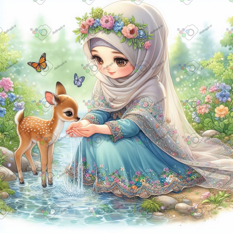بک گراند کودکانه دختربچه ناز با حجاب در حال آب دادن به بچه آهو-کد 44817(ویژه عکس گراف)