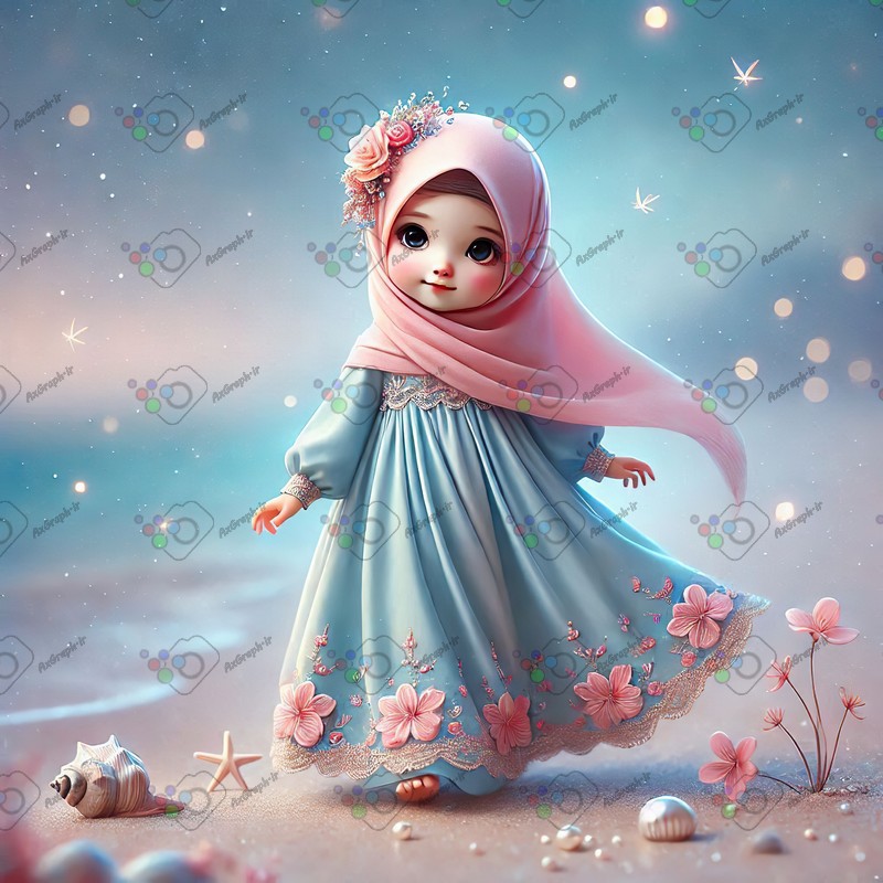 بک گراند کودکانه دختر ریزه میزه ناز با حجاب با پیراهن آبی در ساحل-کد 44517(ویژه عکس گراف)