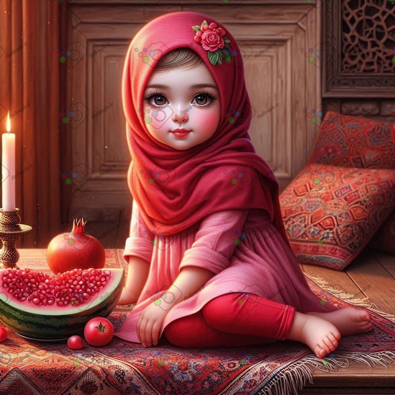 بک گراند کودکانه یلدا با طرح دختر بچه با حجاب با دکور سنتی-کد 44639(ویژه عکس گراف)