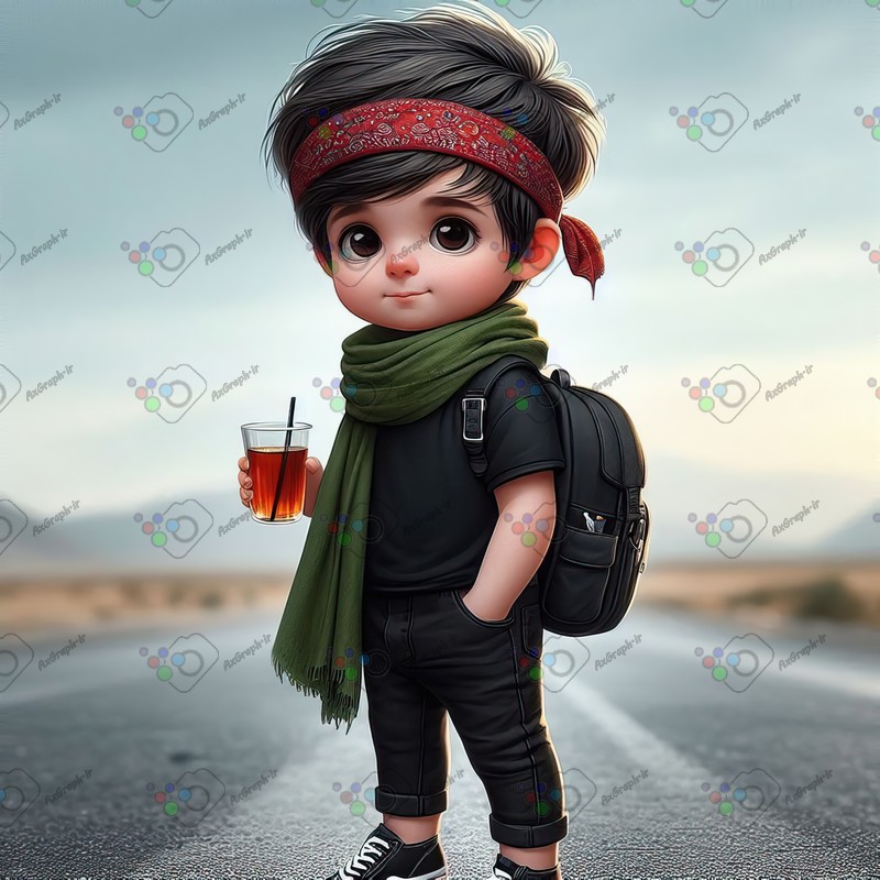 بک گراند کودکانه پسر بچه با لباس مشکی و کوله و شال و سربند و استکلن چای در جاده-کد 44363(ویژه عکس گراف)