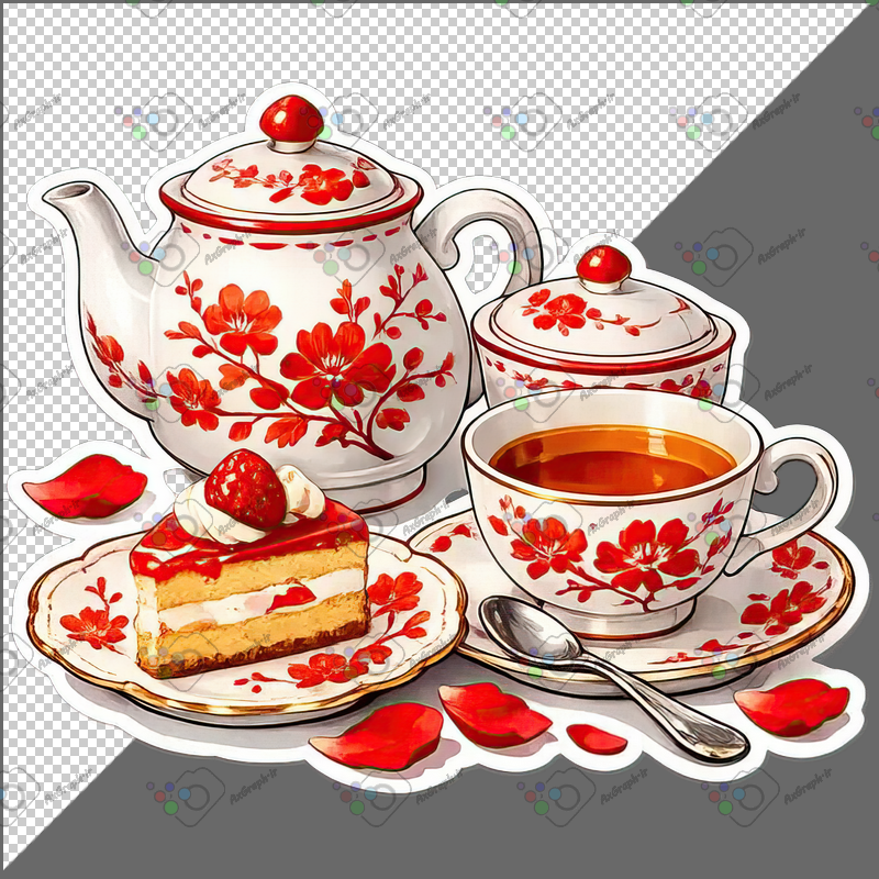 طرح برچسب سرویس چای گل قرمزی و برش کیک-کد 70072(ویژه عکس گراف)